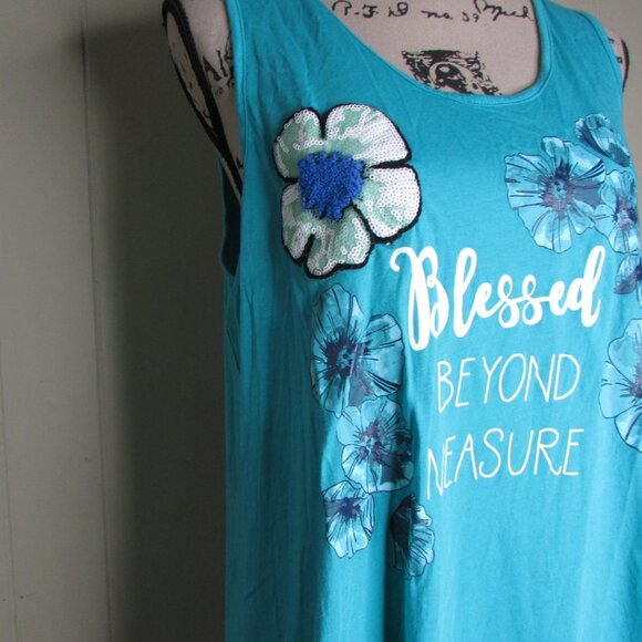 Est 1946 Sleeveless Blouse L Blessed Beyond Measure Floral Green Teal - Picture 7 of 14